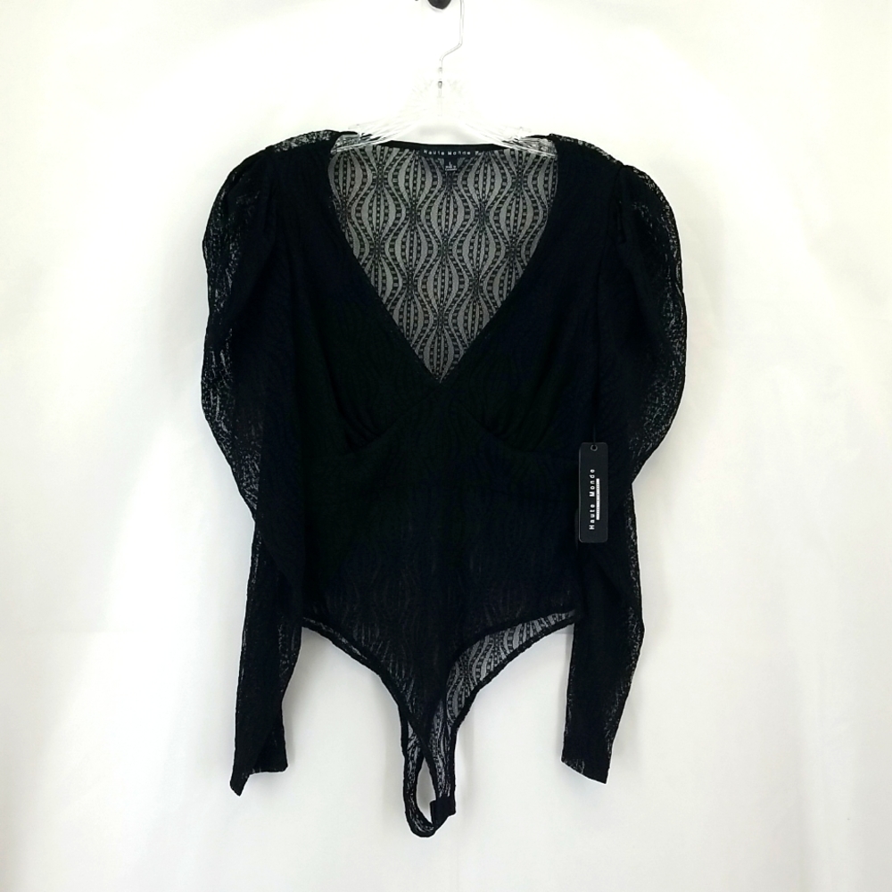 HAUTE MONDE Black Shear Lace Mesh V-Neck Puffed Long Sleeved Bodysuit